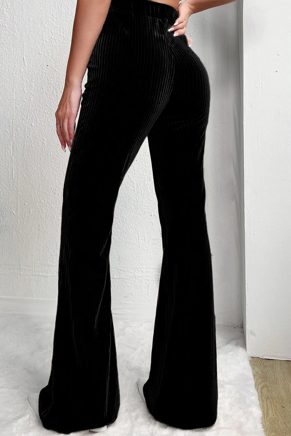 Black Solid High Waist Flare Corduroy Pant