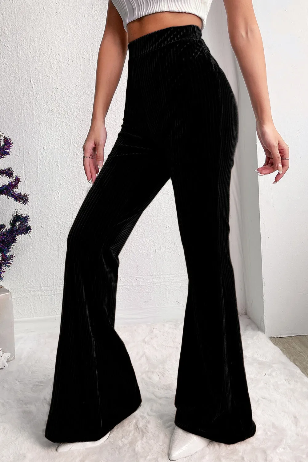 Black Solid High Waist Flare Corduroy Pant