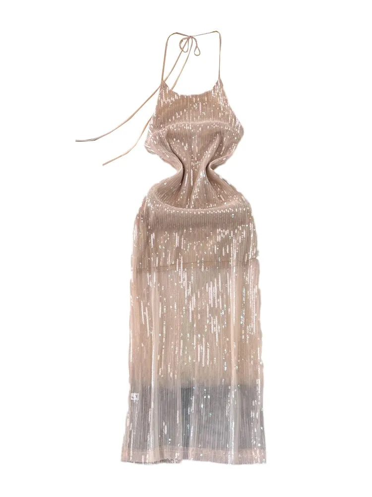 Glossy Sequined Backless Halter Dress