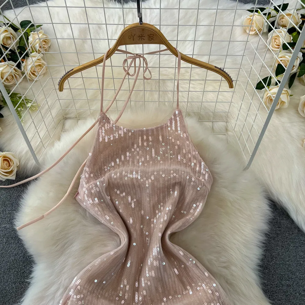 Glossy Sequined Backless Halter Dress