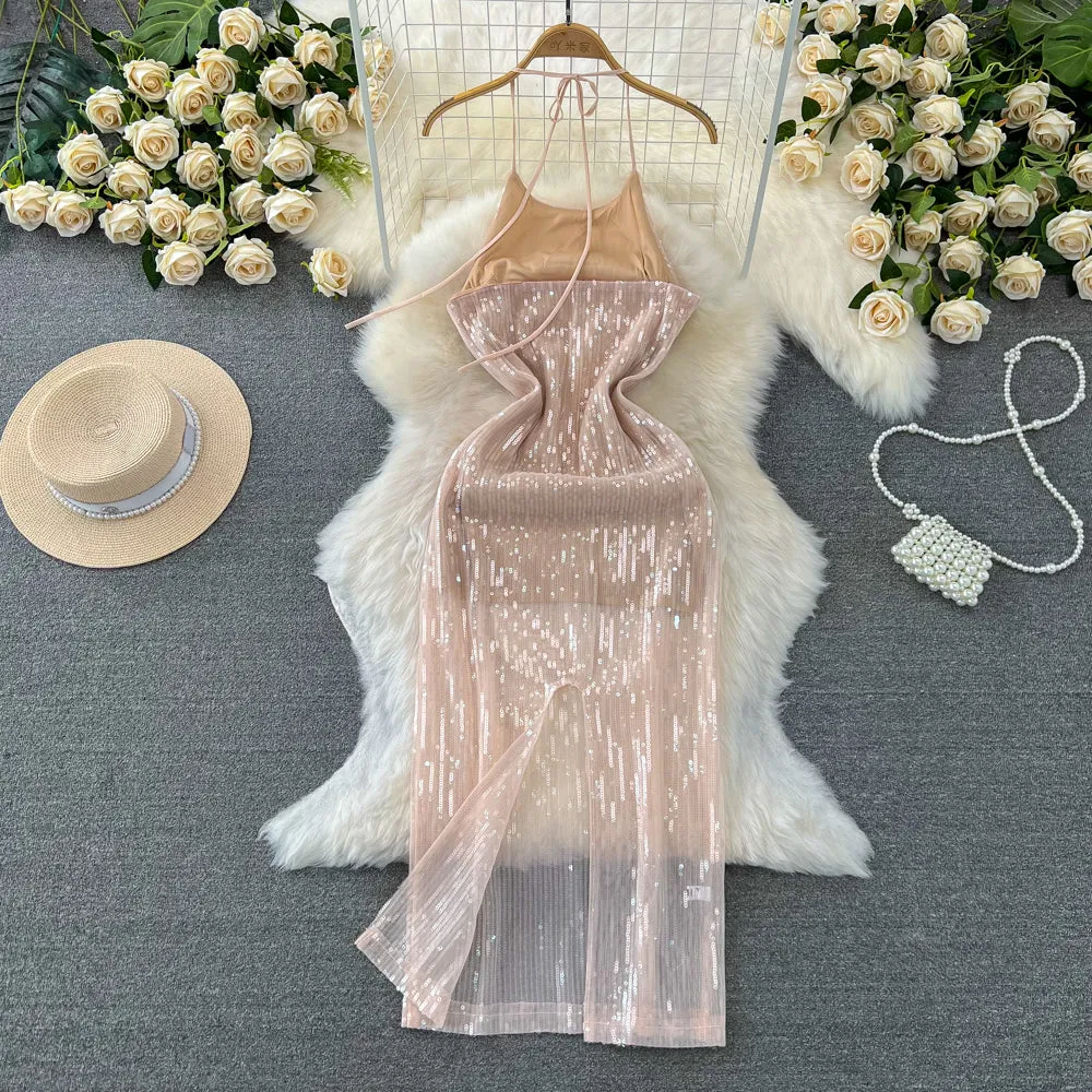 Glossy Sequined Backless Halter Dress