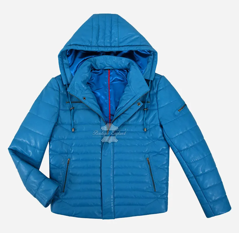 ICEBERG LEATHER PUFFER Hooded Jacket MEN'S PADDED LEATHER JACKET