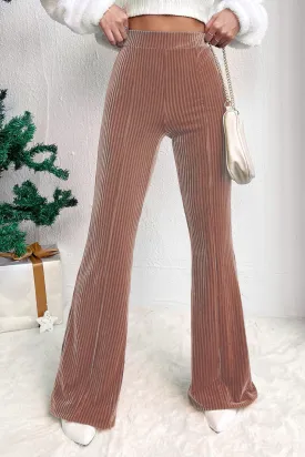 Khaki Solid High Waist Flare Corduroy Pant