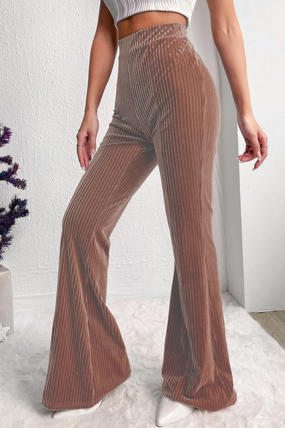 Khaki Solid High Waist Flare Corduroy Pant