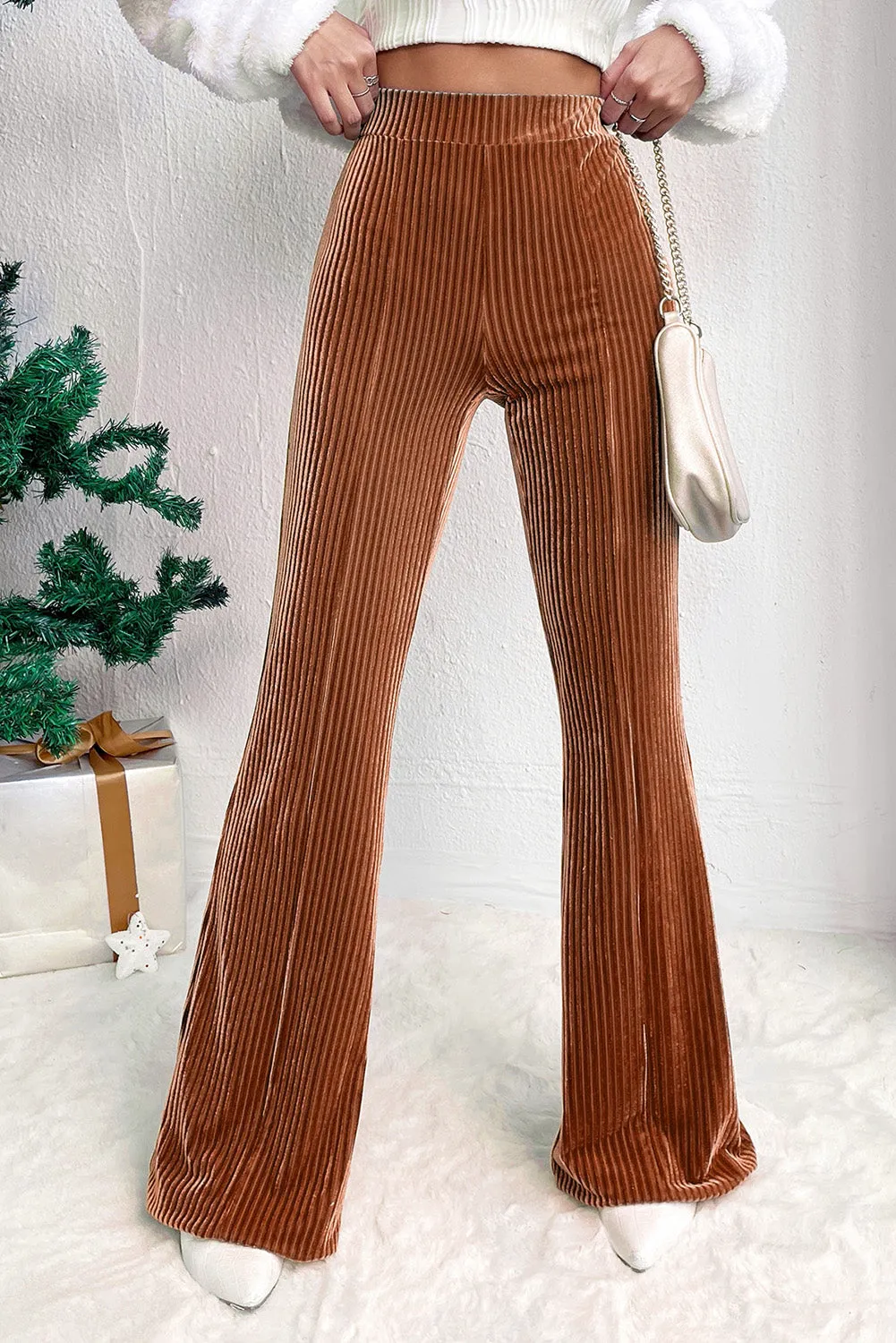 Maroon Solid High Waist Flare Corduroy Pant