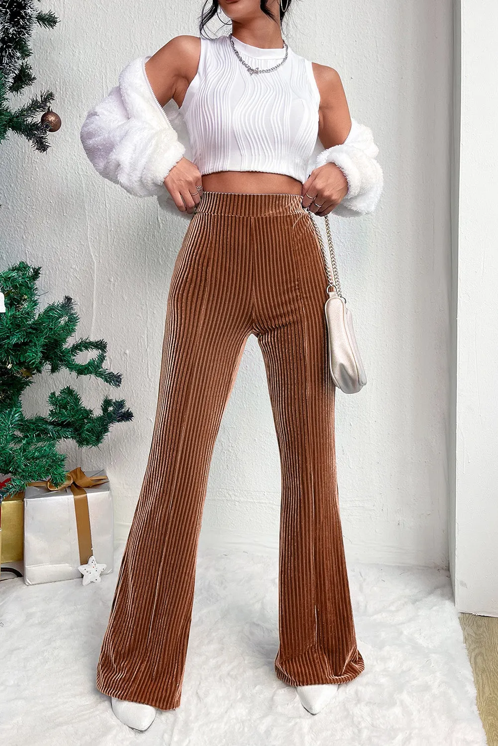 Maroon Solid High Waist Flare Corduroy Pant