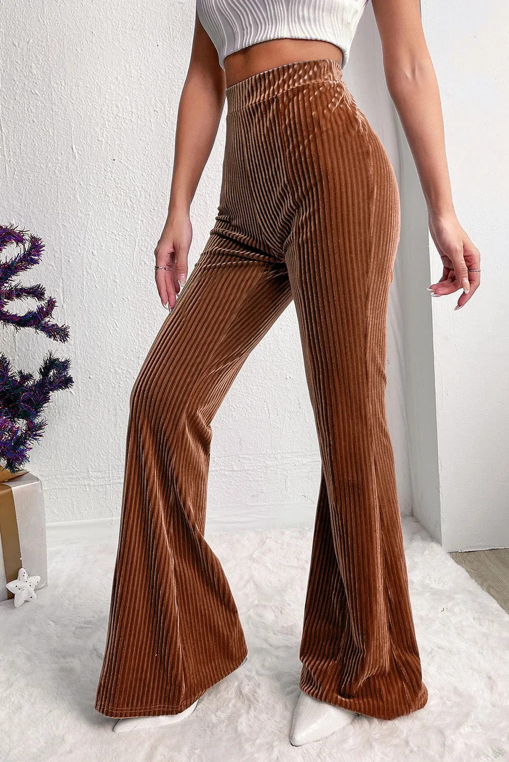 Maroon Solid High Waist Flare Corduroy Pant