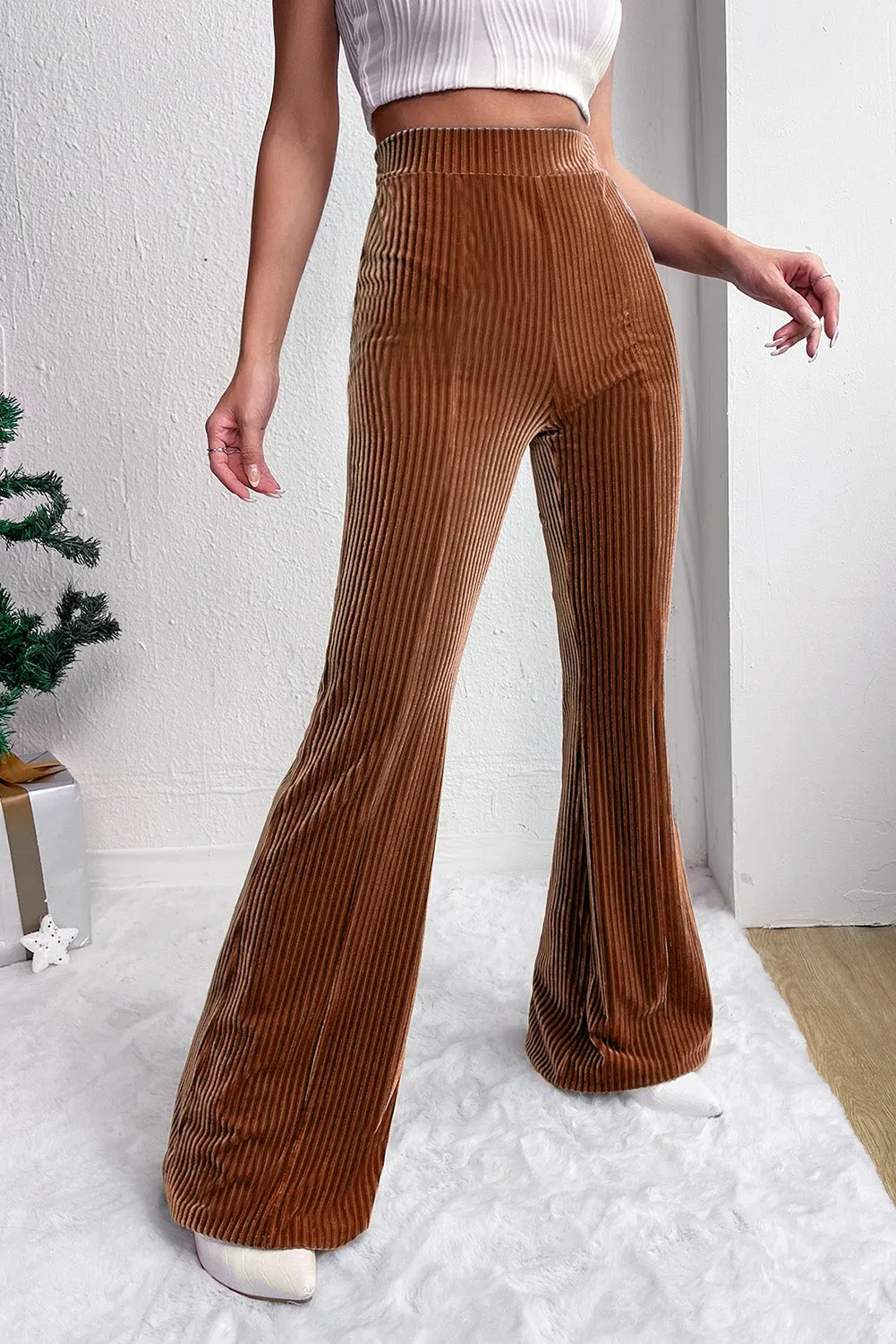 Maroon Solid High Waist Flare Corduroy Pant