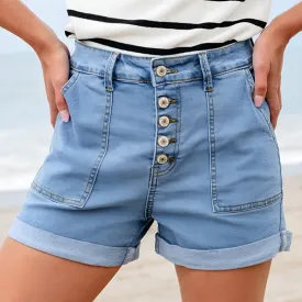 Stretchy Buttoned Denim Shorts – Folded Hem with Pockets