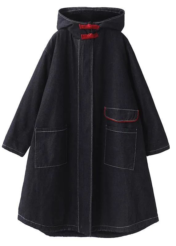 women plus size clothing Jackets & Coats hooded overcoat denim black two pockets Parkas for women