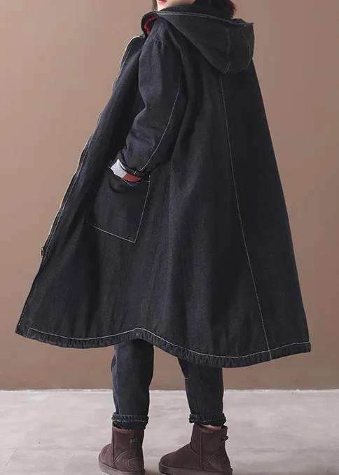 women plus size clothing Jackets & Coats hooded overcoat denim black two pockets Parkas for women
